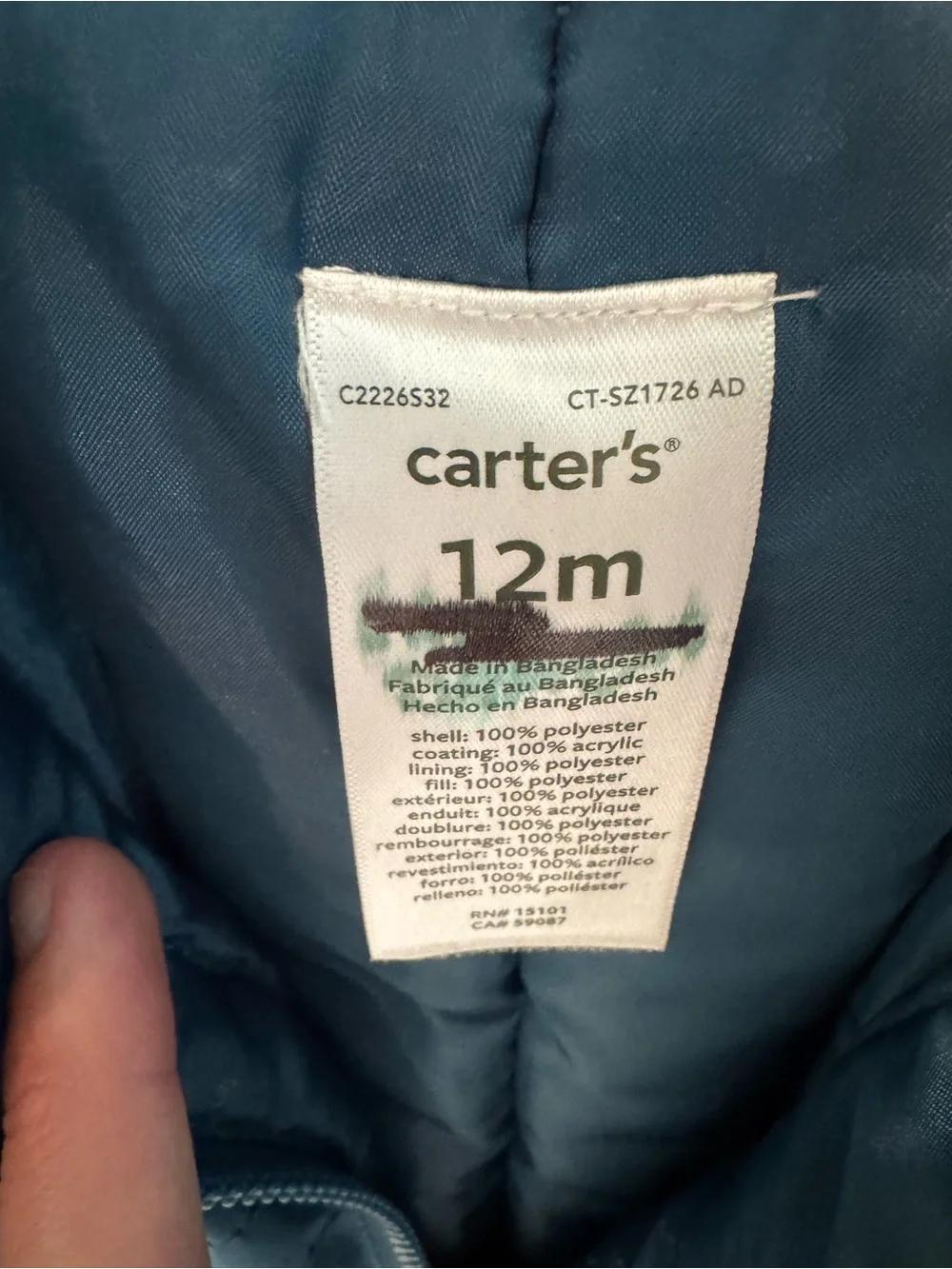 Carter’s Dinosaur Hooded Puffer Jacket & Snow Bib Set 12M Winter Snowsuit